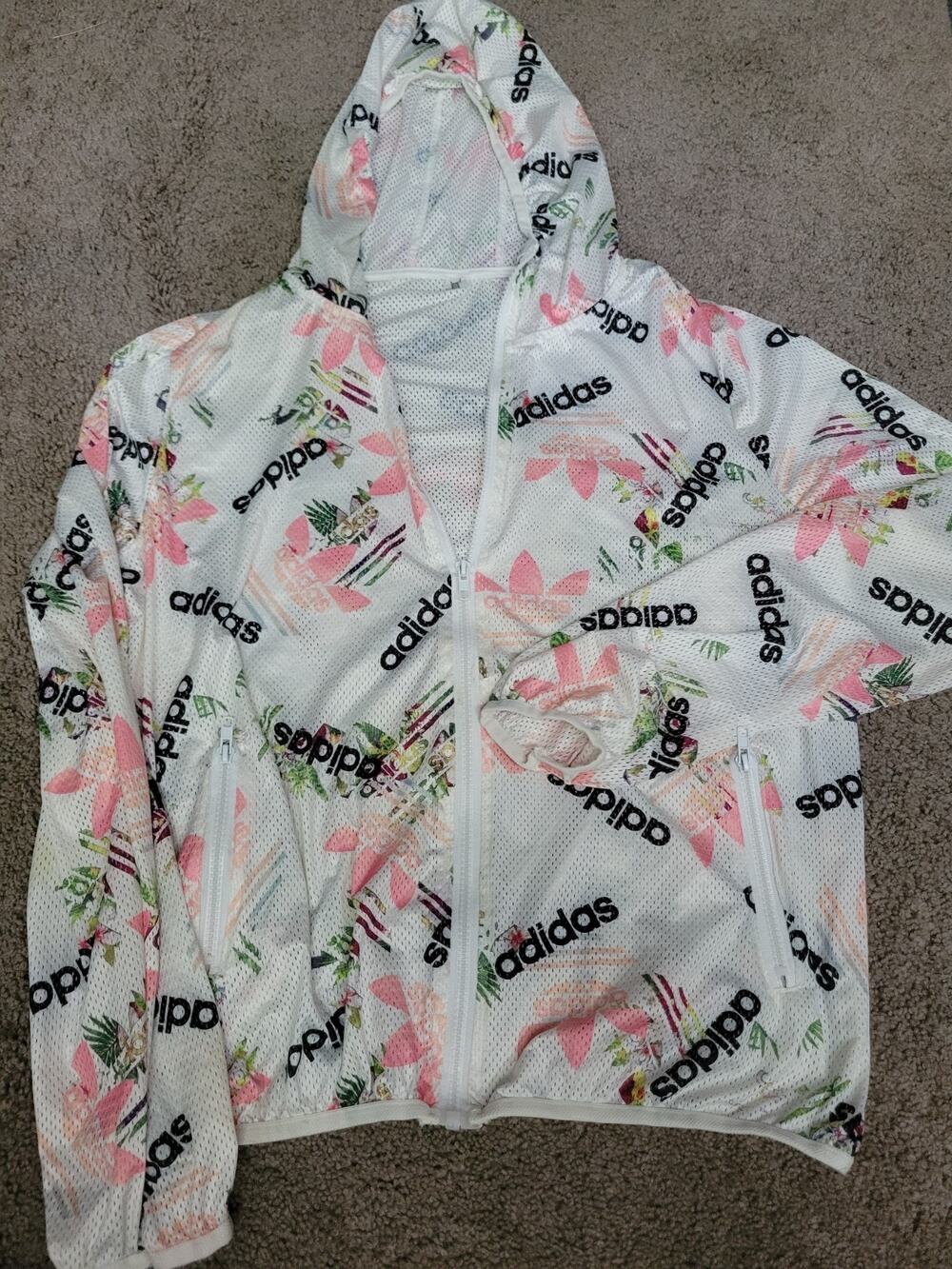 Ladies Juniors Size Large Pink Print Adidas Hooded Zip Up Jacket All Over Mesh